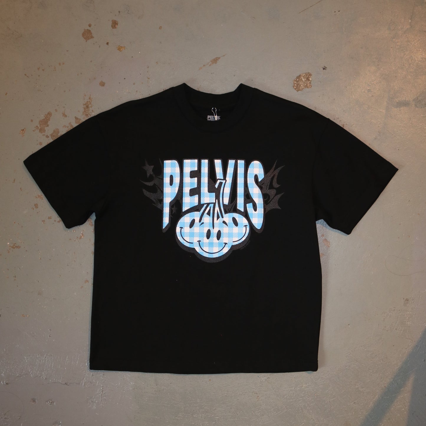 PELVIS - CHERRY GINGHAM LOGO - SS TEE (BLACK)